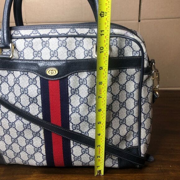 GUCCI GG Supreme Navy Leather Ophidia Sherry Line Coated Canvas Travel Work Bag - Picture 14 of 17
